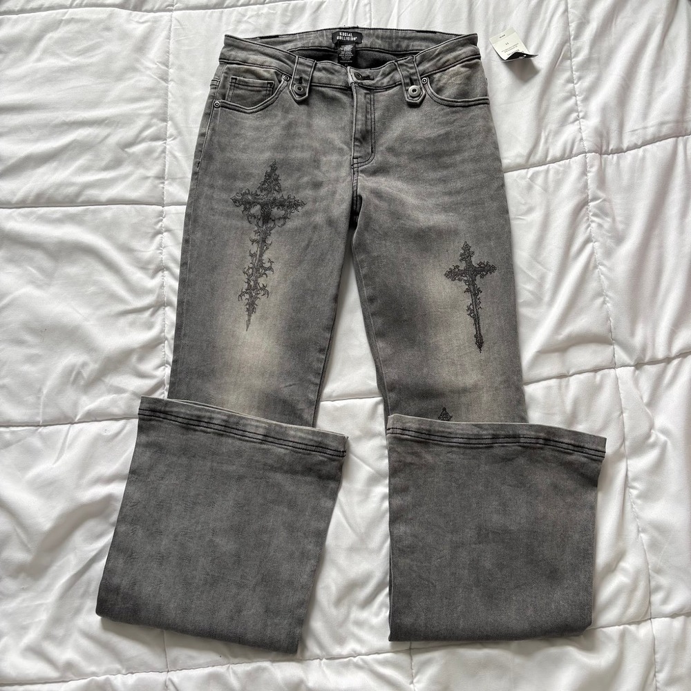 NWT Social Collision Gray Gothic Cross Low Rise Flare Jeans Size 11 Goth Grunge
